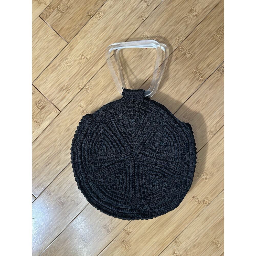 Embroidered Black Round Purse with Lucite Handle & Zipper Contemporary Vintage - Picture 2 of 7